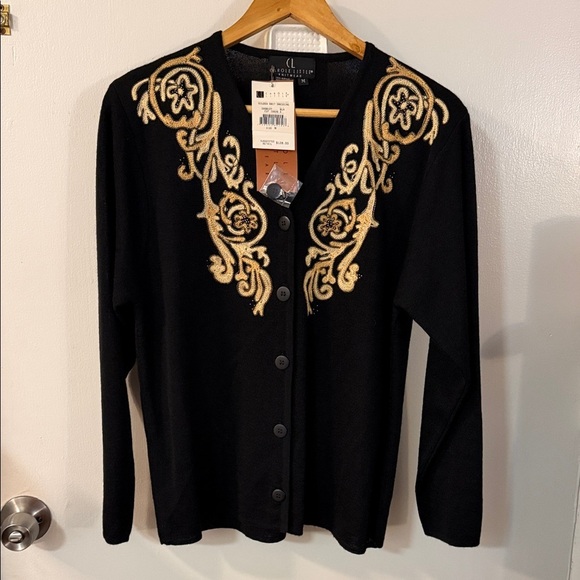 carole little knitwear Sweaters - Carole Little Black Cardigan with Gold Embroidery